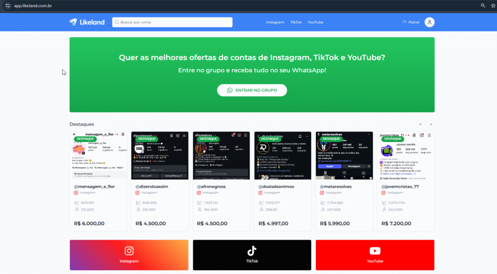 Interface da LLTRADE mostrando páginas à venda para compra segura